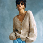 ElevenOra Chic Vintage Light Camel V-Neck Single-Breasted Long Sleeve Loose-Fit Fuzzy Knit Cardigan Top