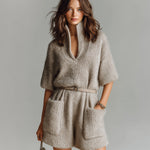 ElevenOra Chic Casual Light Brown Stand Collar V-Neck Short Sleeve Belted Patch Pockets Oversize Fuzzy Knit Romper