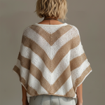 ElevenOra Chic Casual White-Beige Stripes V-neck Short-sleeved Loose-Fit Knit Sweater