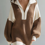 ElevenOra Chic Elegant Zip-Up Lapel Collar Oversized Long Sleeve Colorblock Knit Mini Dress