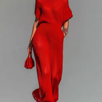 ElevenOra Chic Elegant Red Boat Neck Short-Sleeve Loose-Fit Breathable Knit Maxi Dress (Including A Slip Dress)