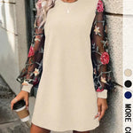 LENI™ - Elegant Floral Embroidery Bishop Sleeve Dress Long Sleeve Round Neck