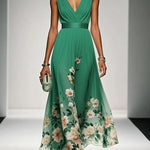 Alina | Light Blue Floral Chiffon V-Neck Maxi Dress