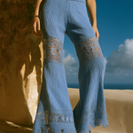 ElevenOra Chic Elegant Blue High Waist Cotton Blend Lace Patchwork Detail Wide-Leg Pants