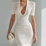 ElevenOra Chic Elegant Beige Black Stripe Deep V-Neck Short Sleeve Slim-Fit Waffle Knit Bodycon Mini Dress