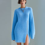ElevenOra Chic Casual Blue Round Neck Long Sleeve Zipper-Front Side Slit Oversized Fuzzy Knit Mini Dress