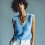 ElevenOra Chic Vintage Blue V-Neck Lace Trim Details Sleeveless Loose-Fit Fuzzy Knit Tank Top