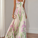 Marie | White Pleated Floral Chiffon Maxi Dress