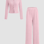 FLORLIE™ - Women’s Ribbed Crop Top & Elastic Waist Pants Casual Set