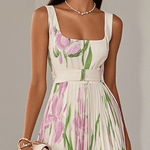 Marie | White Pleated Floral Chiffon Maxi Dress