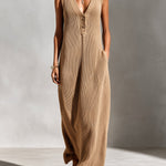 ElevenOra Chic Elegant Camel V-Neck Button-Front Sleeveless Loose-Fit Ribbed Knit Maxi Dress