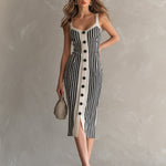 ElevenOra Chic Elegant Cream White-Black Stripes Square Neck Sleeveless Button-Front Slim-Fit Knit Midi Dress
