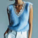 ElevenOra Chic Vintage Blue V-Neck Lace Trim Details Sleeveless Loose-Fit Fuzzy Knit Tank Top