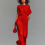 ElevenOra Chic Elegant Red Boat Neck Short-Sleeve Loose-Fit Breathable Knit Maxi Dress (Including A Slip Dress)