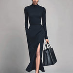 ElevenOra Casual Office Cotton Blend Turtleneck Long Sleeve High Side Slit Bodycon Maxi Dress
