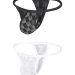2 Pack Men's Sexy Mesh Thongs with U-Pouch, Breathable Transparent Checkered Design