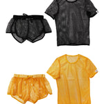 2 Pack Men's Breathable See-Through Hollow Design Loose-Fit Activewear Tops & Shorts