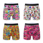 4 Pack Men's Graffiti Cartoon Print Skin-Friendly Mid-Rise Boxer Briefs