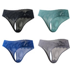 4 Pack Men's High-Stretch & Low-Rise Lace Trim Large Pouch Thongs
