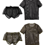 2 Pack Men's Breathable See-Through Hollow Design Loose-Fit Activewear Tops & Shorts
