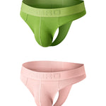 2 Pack Men's Ribbed Low-Rise Support Thongs with U-Shape Pouch