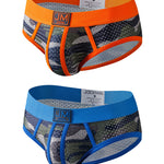 2 Pack Men's Sexy Sheer Camouflage Print Mesh Low-Rise Breathable & Quick-Dry Briefs