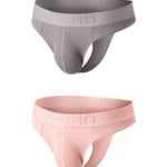 2 Pack Men's Ribbed Low-Rise Support Thongs with U-Shape Pouch