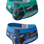 2 Pack Men's Sexy Sheer Camouflage Print Mesh Low-Rise Breathable & Quick-Dry Briefs