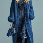 ElevenOra Casual Chic Navy Blue Single-breasted Oversized Longline Fuzzy Knit Cardigan