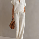 ElevenOra Chic Elegant Cream White Zipper-Up Stand Collar Oversize Short-Sleeve Sweater  Wide-Leg Pants Ribbed Knit Two-Piece Set