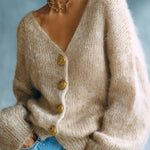 ElevenOra Chic Vintage Light Camel V-Neck Single-Breasted Long Sleeve Loose-Fit Fuzzy Knit Cardigan Top