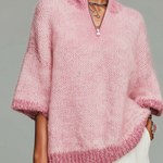 ElevenOra Stylish Casual Pink Stand-collar Zippered Short-sleeved Loose Knit Sweater Top