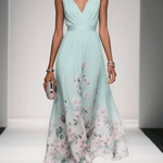 Rose | Light Blue Floral Chiffon V-Neck Maxi Dress