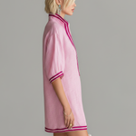 ElevenOra Chic Casual Pink Colorblock  Stand-Collar Zipper-Front Short-Sleeve Loose-Fit Cotton-Linen Blend  Mini Dress
