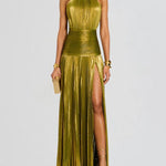 Kasey | Trendy Metallic Plissé Halter Gown