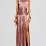 Kasey | Trendy Metallic Plissé Halter Gown