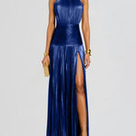 Kasey | Trendy Metallic Plissé Halter Gown