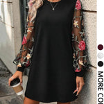 LENI™ - Elegant Floral Embroidery Bishop Sleeve Dress Long Sleeve Round Neck