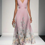 Rose | Light Blue Floral Chiffon V-Neck Maxi Dress