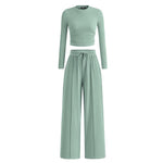 MIRELA™ - Ribbed Knit Long Sleeve Crop Top and Matching Pants Set