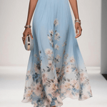 Rose | Light Blue Floral Chiffon V-Neck Maxi Dress