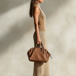 ElevenOra Chic Elegant Camel Colorblock Stand Collar Button-Front Sleeveless Slim-Fit Side Slit Ribbed Knit Maxi Dress