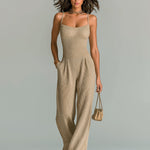 ElevenOra Chic Casual Camel Strappy Sleeveless Tailored Waist Wide Leg Ribbed Knit Jumpsuit