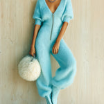 ElevenOra Chic Elegant Blue V-Neck Zipper-Front Short-Sleeve Tailored Waist Straight-Leg Fuzzy Knit Jumpsuit
