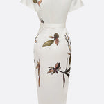 Judy | White Leaf Short Sleeve Satin Midi Dress