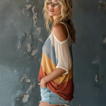 ElevenOra Chic Casual Multi-Color Stripe Cold Shoulder V-Neck Dolman Sleeve Oversize Cotton Linen Blend T-Shirt Top