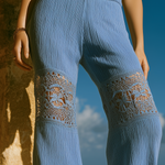 ElevenOra Chic Elegant Blue High Waist Cotton Blend Lace Patchwork Detail Wide-Leg Pants