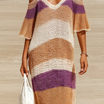 ElevenOra Chic Casual Colorful Striped Off-Shoulder V-Neck Short-Sleeve Loose Side Slit Ribbed Knit Maxi Dress
