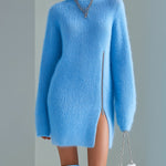 ElevenOra Chic Casual Blue Round Neck Long Sleeve Zipper-Front Side Slit Oversized Fuzzy Knit Mini Dress