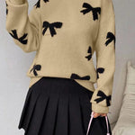FRANCES™ - Fashionable Bow Print O-Neck Knit Winter Sweater Pullover